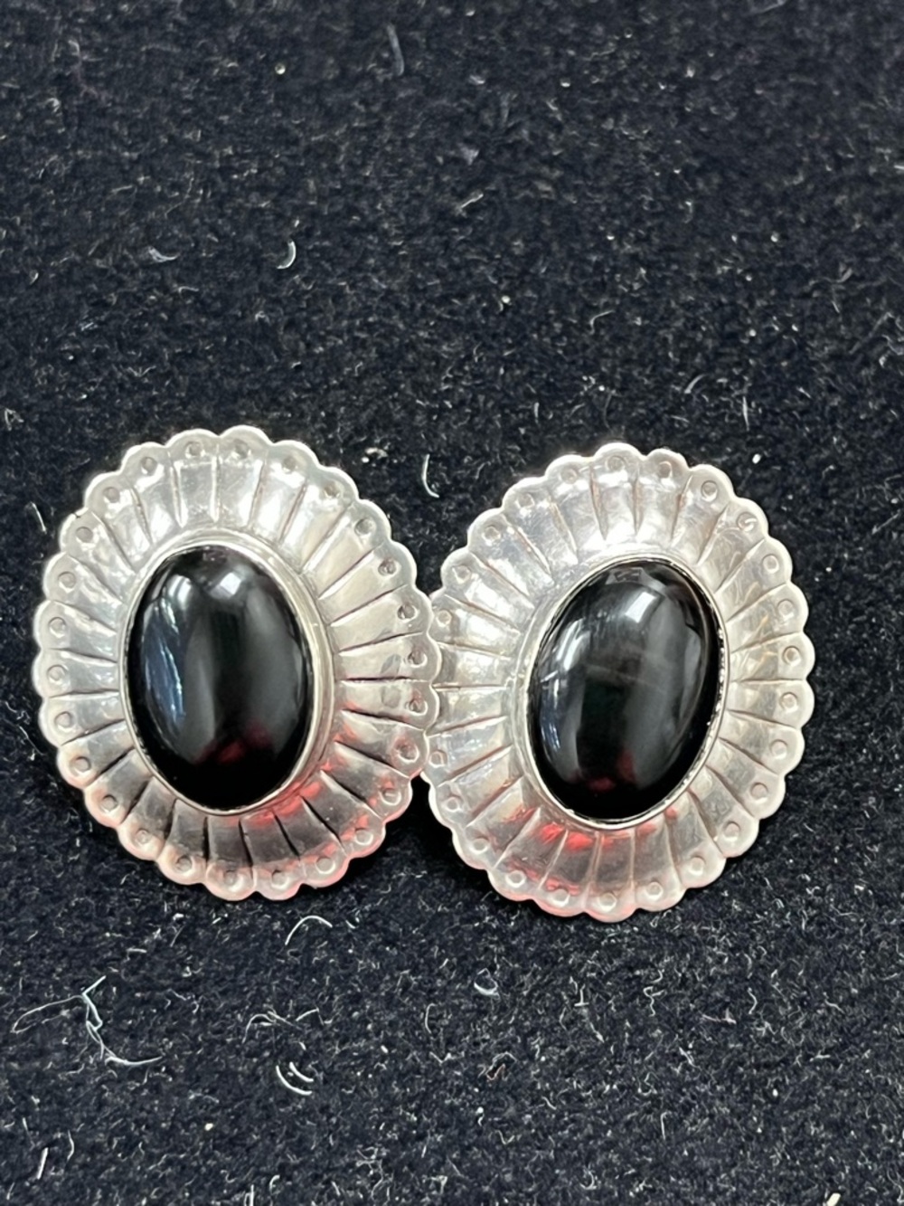 Sterling Silver Black Onyx? Obsidian?Oval Stud Concho Earrings